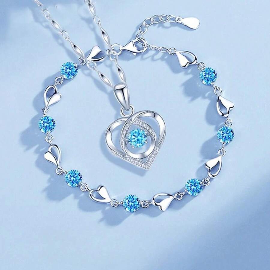 Korean Sterling Silver 925 Heart Shaped Crystal Necklace And Bracelet Set For Women, Vintage Party Jewelry, High-End Gift. - 藍色套裝 - 查看 1