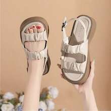 Retro Summer Student Sandals With Thick Skirts, Korean Mid-Heel Women's Roman Beach Sandals, Platform And Wedge Sandals For Women - 米色 - 查看 1