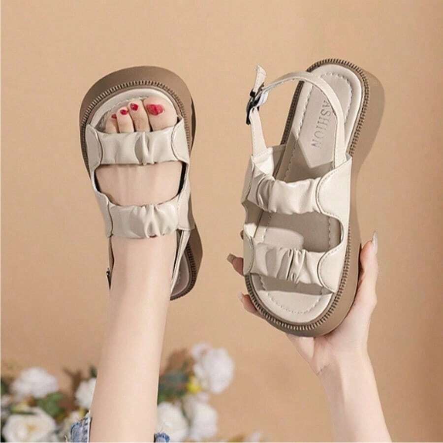 Retro Summer Student Sandals With Thick Skirts, Korean Mid-Heel Women's Roman Beach Sandals, Platform And Wedge Sandals For Women - 米色 - 查看 1