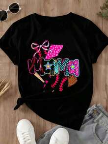 Women's Leopard Print Baseball T-Shirt, Casual Sporty Style With Bat And Glove Design, Perfect For Game Day And Everyday Wear - Vintage Urban Style, Unisex, Cotton, Short Sleeve, Crew Neck, 100% Cotton - 黑色 - 查看 3