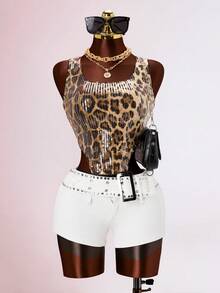 Áo hai dây gợi cảm họa tiết da báo đính sequin, vạt cong, thích hợp cho tiệc tùng và lễ hội âm nhạc. - màu nâu - Xem 5