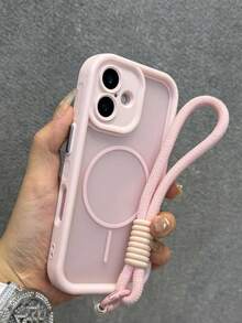 Translucent Matte Camera Protection Magnetic Wireless Charge Phone Case With Wristband Strap Compatible With IPhone 17 ProMax 17Pro 17Air 17 16 15 14 13 12 11 Pro Max Armor Plus Back Cover - Pink + Rope - View 3