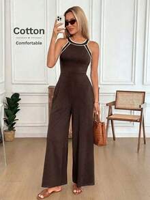 Mono de pierna ancha con cuello redondo, tirantes, bolsillo en diagonal, de corte holgado, elegante y vintage, para uso casual o de viaje, en primavera/verano para mujeres, con detalles de contraste - Marrón - Ver 7
