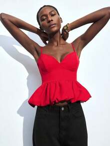 Maija Top de tirantes finos de unicolor con volantes en el bajo, para uso urbano, casual de oficina, elegante para fiestas de Navidad y Año Nuevo, ropa de mujer - Rojo 2 - Ver 4