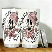 1pc 20Oz Skull Winter Theme Tumbler, White With Pink Hat And Scarf Snowflake Pattern, Frozen Season Text Design, Suitable For Holidays And Outdoor Use, Portable Water Bottle With Sliding Lid, And, Ideal For Hot Or Cold Drinks - 彩色 - 查看 2