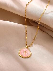1 Stück modische rosa Tropfenöl Kreuz runde Anhänger Halskette für Frauen, goldfarbene geometrische Halskette, Hip Hop Party Schmuck Geschenk - Verschiedenfarbig - Übersicht 3
