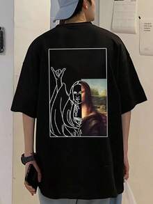 Manfinity  Camiseta Casual para Hombre con Estampado Gráfico, Hombros Caídos, Talla Grande - Negro - Ver 1