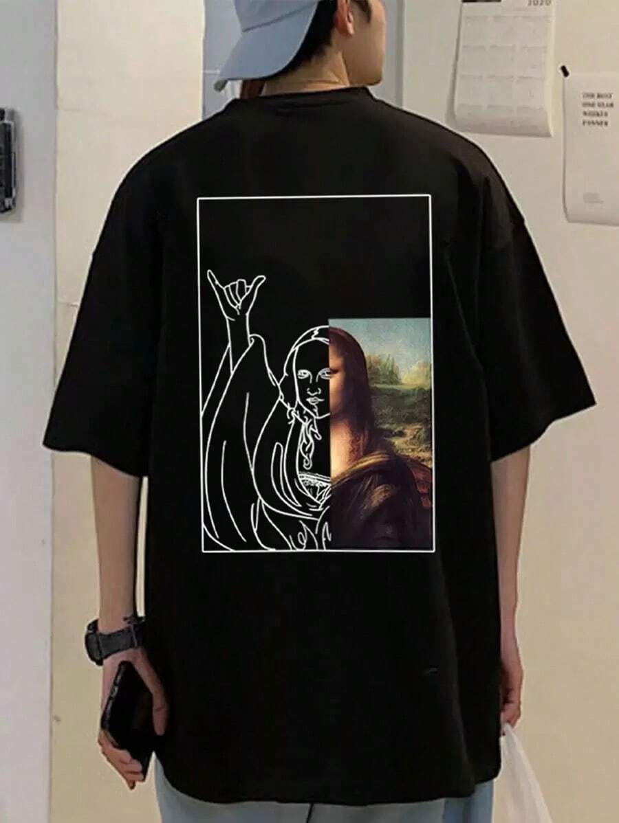Manfinity Camiseta Casual para Hombre con Estampado Gráfico, Hombros Caídos, Talla Grande - Negro - Ver 1