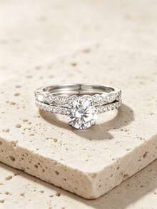 1pair Classic 925 Sterling Silver White Cubic Zirconia Patterned Wedding Ring Set For Women, Engagement, Anniversary & Bridal Gift - Silver - View 5