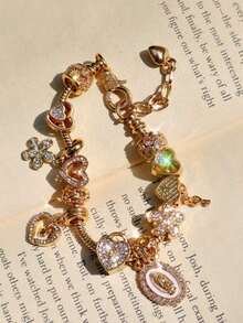 1 Religious Bracelet With Virgin Mary Charm, 1 Religious Bracelet With Cross, 1 Sakura DIY Fashion Bracelet, 1 Fashion Bracelet With Heart-Shaped Padlock And Key. - 粉色 - 查看 9