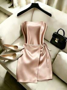 Vestido midi con corpiño de satén color champán, atuendo festivo, vestido de resort para mujer, vestido de fiesta para mujer, atuendo para exteriores, vestido color albaricoque - Champán - Ver 1