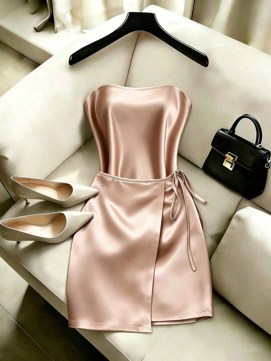 Vestido midi con corpiño de satén color champán, atuendo festivo, vestido de resort para mujer, vestido de fiesta para mujer, atuendo para exteriores, vestido color albaricoque - Champán - Ver 1