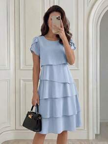 Vestido de mujer de unicolor con cuello redondo, mangas cortas con volantes en los puños y dobladillo con volantes, vestido de moda para vacaciones, primavera y verano - Azul marino - Ver 11