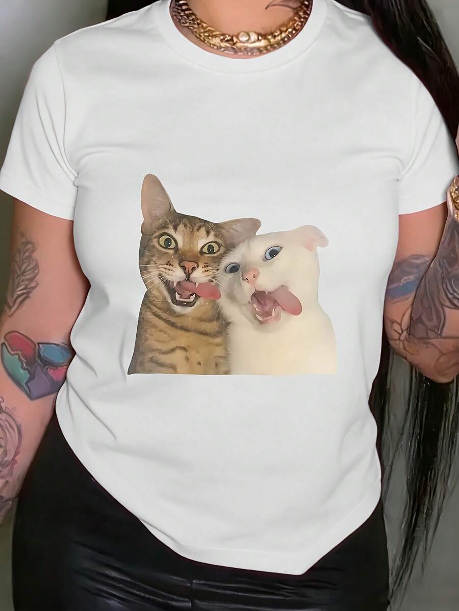 T-Shirt With A Graphic Print Of A Silly, Unhinged Cat. | Casual Short-Sleeve Crew Neck T-Shirt For Summer And Spring, Women's Clothing - High Quality - 白色 - 查看 1