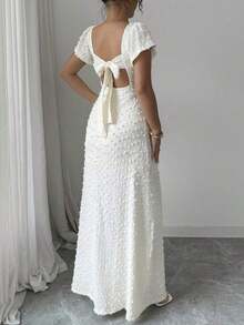 Vestido largo elegante y delgado de unicolor con espalda descubierta, lazo y mangas de loto con abertura alta, para vacaciones y citas en primavera/verano - Albaricoque - Ver 2
