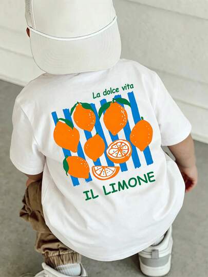 1pc Toddler Boys' Street Cool Black Short Sleeve T-Shirt With Colorful Letter & Lemon Print, Casual Loose Fit Top