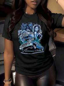 Women's Cotton T-Shirts 2026, The Most Popular T-Shirt Of The Moment, 1 Piece, With Classic Car And Futuristic Robot Graphic Print, Urban Style, Round Neck, 100% Cotton, Loose Fit, Urban Fashion, Retro Print T-Shirt For Women, Basic Women's Blouses Style Y2k. - 黑色 - 查看 6