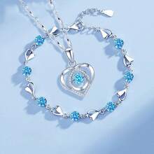 Korean Sterling Silver 925 Heart Shaped Crystal Necklace And Bracelet Set For Women, Vintage Party Jewelry, High-End Gift. - 藍色套裝 - 查看 12