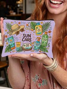 1 Printed Summer Sun Protection Cosmetic Bag Features The Word "SUN CARE" Along With Sun Protection Products And Tropical Patterns. - Multicolor - View 11