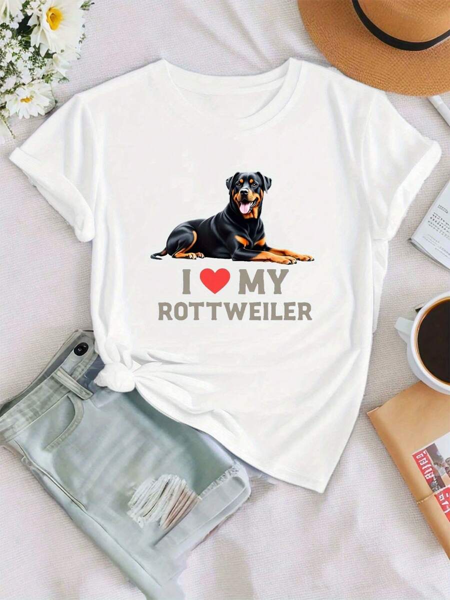 Women's T-Shirt With "I MY Rottweiler" Print, Short Sleeve, Round Neck, Casual Spring/Summer Top, Women's Clothing. - White - View 1