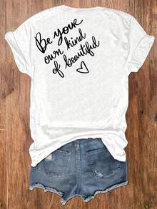 Women's Round Neck T-Shirt With "Be Your Own Kind Of Beautiful" Print On The Front And Back, Casual Short Sleeve Top For Women, Women's Clothing - 白色 - 查看 3
