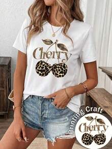 New Women's Short Sleeve Crew Neck T-Shirt, Summer Season, Cherry Blossom Leopard Print Design, Limited Season Women's T-Shirt, Breathable And Sweat Absorbing. - 白色 - 查看 2