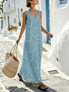 Vestido largo holgado con textura de lino y líneas abstractas para mujer - Azul marino - Ver 9