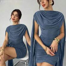 Fengyu Women's Clothing Store  Vestido elegante y casual con cinta fluida y delgada, vestido de festival/vestidos elegantes para fiesta/atuendos de Acción de Gracias para mujeres/vestido de Año Nuevo/vestidos de invierno para mujeres/ropa de otoño/vestido de Año Nuevo/vestido de fiesta/falda negra/vestido negro - Niebla azul - Ver 1