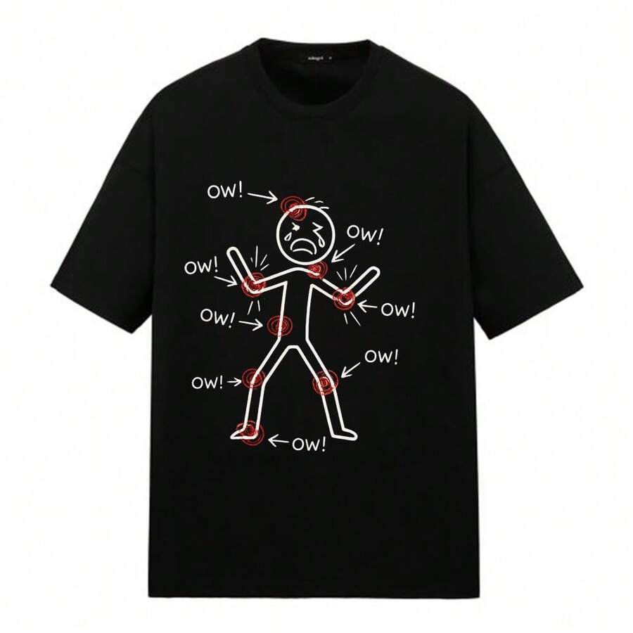 Short-Sleeved T-Shirt With A Print Of A Pained Human Figure, Ideal For Wearing At Home, On The Street, In The Park, On The Beach, For Walks. Regular Fit, Casual Style, Comfortable And Breathable. - 黑色 - 查看 1