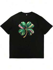 Men's St. Patrick's Day T-Shirt, Short Sleeve, Fun Shamrock Print, Cotton, Plus And Tall Sizes, Funny Graphic Tees For Men And Women, Crew Neck, Loose Casual Tees - 黑7 - 查看 7