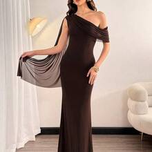 . .  Tall Vestido asimétrico de hombro sólido y elegante para mujer, vestidos elegantes para mujer, vestido de graduación, vestido de invitada de boda de otoño, vestido de invitada de boda para mujer - Marrón - Ver 10