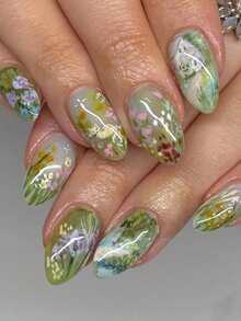 24 pezzi Adesivi per unghie stile campagna, design floreale e cottage con pittura ad acquerello ovale, facili da applicare, adatti per appuntamenti, feste, raduni, uscite. Il set include 1 pezzo di smalto gel per unghie e 1 pezzo di lima per unghie, cura essenziale per unghie primavera/estate - Multicolore - Visualizzare 1
