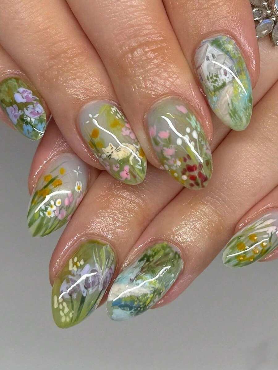 24 pezzi Adesivi per unghie stile campagna, design floreale e cottage con pittura ad acquerello ovale, facili da applicare, adatti per appuntamenti, feste, raduni, uscite. Il set include 1 pezzo di smalto gel per unghie e 1 pezzo di lima per unghie, cura essenziale per unghie primavera/estate - Multicolore - Visualizzare 1