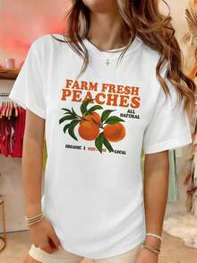 Women's "Farm Fresh Peaches" Graphic T-Shirt, Spring, Casual, Breathable, Art Print. - White - View 1