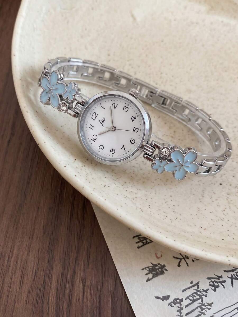 1 chiếc đồng hồ nữ màu bạc họa tiết hoa, mặt tròn với men hoa anh đào màu xanh lam và điểm nhấn pha lê, đồng hồ đeo tay thạch anh kiểu dáng thường ngày, món quà hoàn hảo cho ngày Valentine và sinh nhật. - Một cỡ - Xem 1