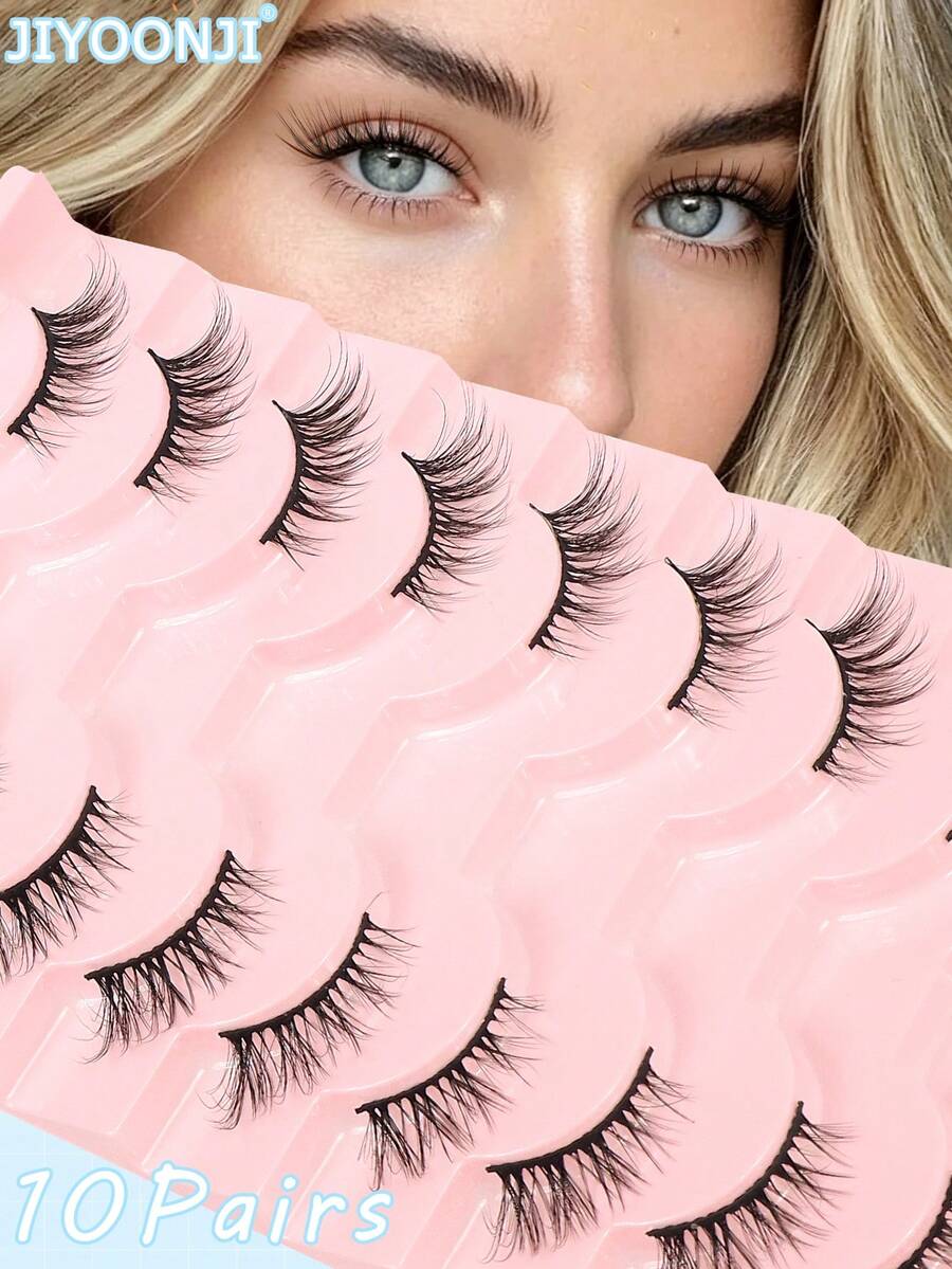 10 Pairs Lightweight Semi-Rimless False Eyelashes, Extend Lash Tips, Natural Curl, Suitable For Daily Makeup And Dates - Black - View 1