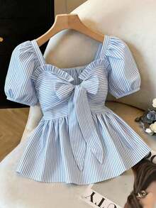 Blusa/camisa casual/de trabajo/de vacaciones con mangas de pétalo, cintura recogida y bajo acampanado, con lazo delantero y rayas azules - Amarillo - Ver 7