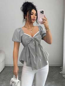 Elenzya Nueva llegada Blusa casual de uso diario para mujer con diseño minimalista, cuello cuadrado, lazo en la cintura y rayas azul francés y blancas - Negro - Ver 7