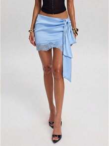 Minifalda elegante de mujer con parches de encaje y cintura con lazo, para verano - Celeste - Ver 3