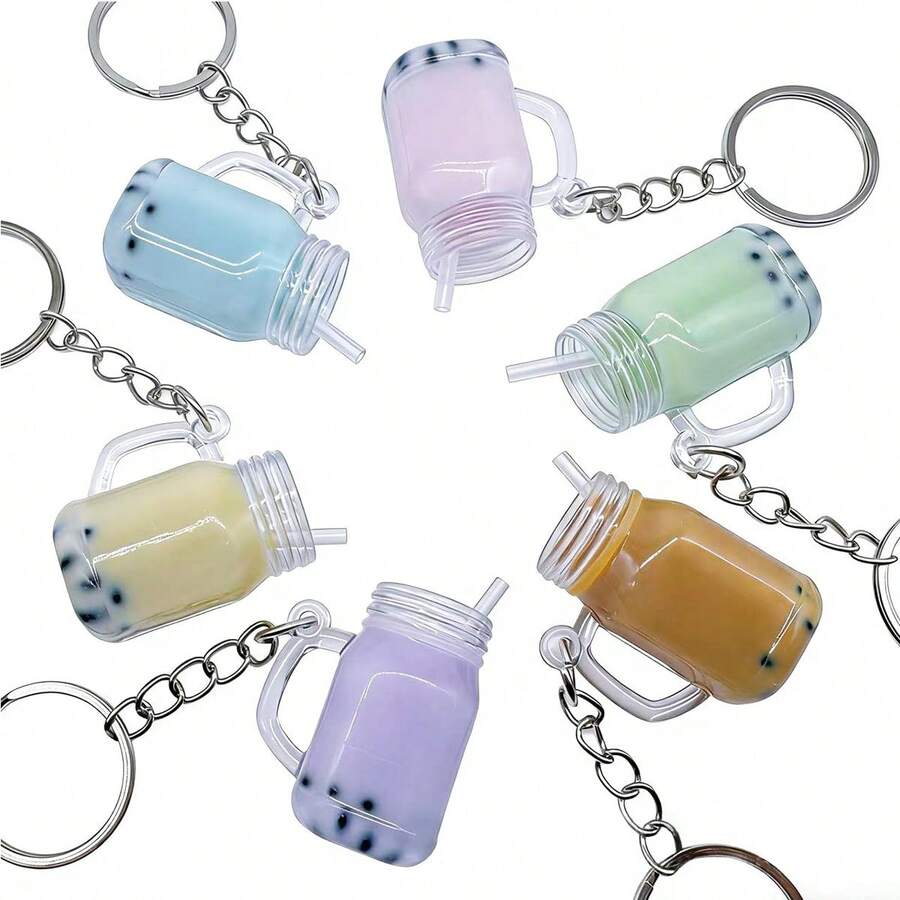 5 piezas Mini llaveros de taza de bubble tea, dijes de taza coloridos, que incluyen llavero, anillo para llave, decoración de mini taza de bubble tea, manualidades DIY para llaveros, bolsos, mochilas, regalo pequeño y lindo - Llavero de taza de té con leche - Ver 1