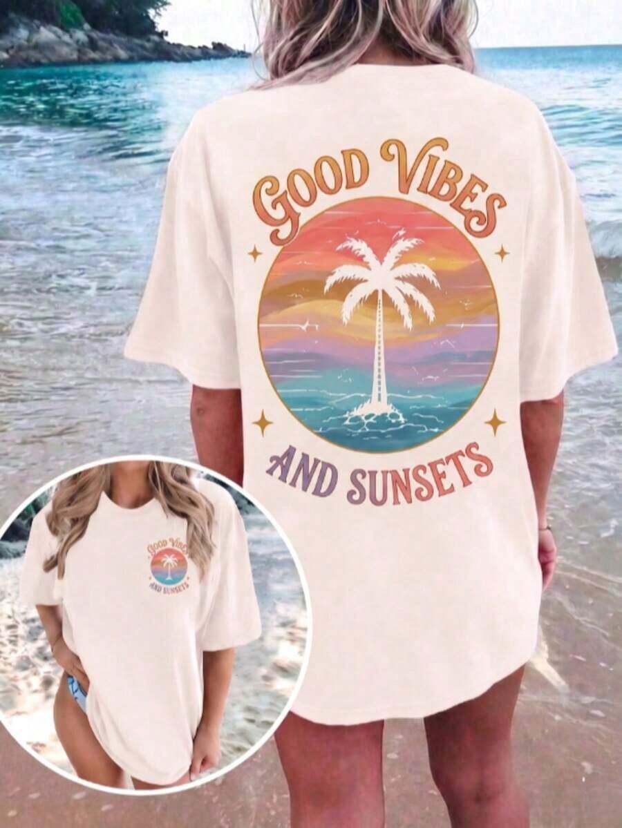 2026 Plus Size Women's Graphic T-Shirt, Casual Loose Summer Tee, Round Neck, Oversized, Soft Cotton, Everyday Wear, Cute Print, Vacation, - 杏色 - 查看 1