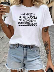 Women's Casual Sports T-Shirt In White With Spanish Text Design In Black - Elastic Round Neck T-Shirt, Machine Washable, Comfortable Fit And Suitable For All Seasons. - 白色 - 查看 1