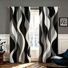 2pcs Modern Abstract Curtains, Featuring Black, White And Grey Gradient Stripe Design. 2D Flat Print, Lightweight Fabric Filters Light, Minimalist Geometric Pattern Suitable For Living Room And Bedroom - Multicolor - View 2