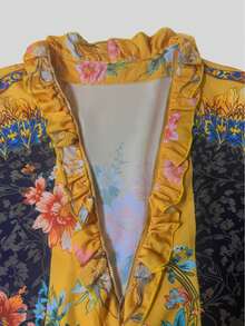 Blusa con estampado floral, bloque de color, cremallera media y mangas con volantes para mujer, ideal para vacaciones - Amarillo - Ver 4