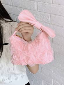 New 3D Rose Tulle Underarm Bag With Bow Handle, Gentle Style Small Bag For And Commuting - Pink - View 8