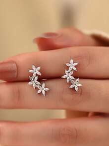 1 Pair S925 Sterling Silver Zirconia Inlaid 3-Flower Stud Earrings, Women's Light Luxury Niche Exquisite Elegant High-End Accessory, Sweet Gentle Atmosphere, All-Season Suitable Floral Ear Jewelry Gift - Flowers - View 8
