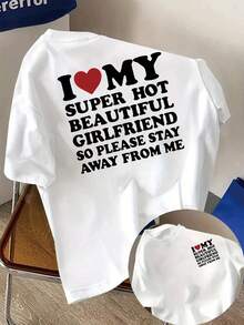 Short-Sleeved T-Shirt, 100% Cotton Front And Back -  "I Love My Girlfriend" Print - Women's T-Shirt With A Modern Print For Spring And Summer, A Fashionable Item That Can Be Worn Year-Round. Suitable For Layering In Spring And Autumn, And On Its Own In Summer. Unisex Style, , Durable Cotton T-Shirt With A City Boy Vibe. - 白色 - 查看 6