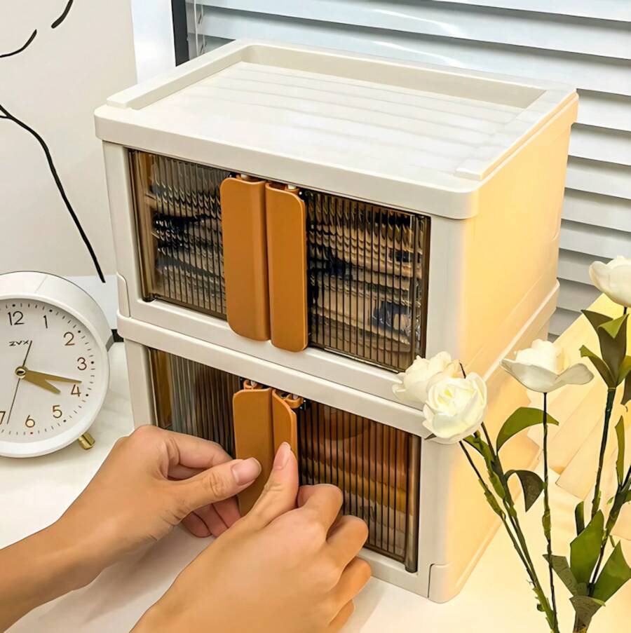 Una scatola di stoccaggio trasparente e pieghevole, un organizer multifunzionale per la casa con supporto per telefono/tablet, realizzato in plastica resistente, perfetto per l archiviazione sulla scrivania. - predefinito - Visualizzare 1
