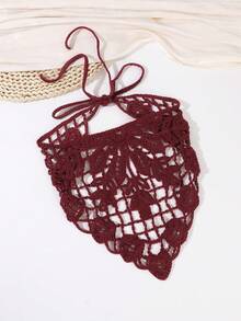 1件針織三角頭巾，鏤空鉤編設計，浪漫法式風格，透氣且百搭的夏季海灘度假髮飾頭巾 - 彩色 - 查看 6