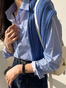 Blusa elegante y casual de manga larga con botones y rayas, estilo retro, para mujer, para primavera/verano, días festivos/Día de San Valentín - Rosa - Ver 11